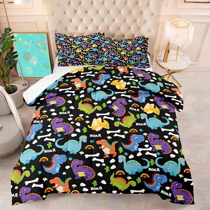 Dinosaur Comforter Set Queen - Cartoon Dinosaur Bedding Boys Comforter Set Soft Breathable Dinosaur Quilt Kids Queen Size Bedding Set for All Season, 1 Comforter 2 Pillowcase - LeafyLoom