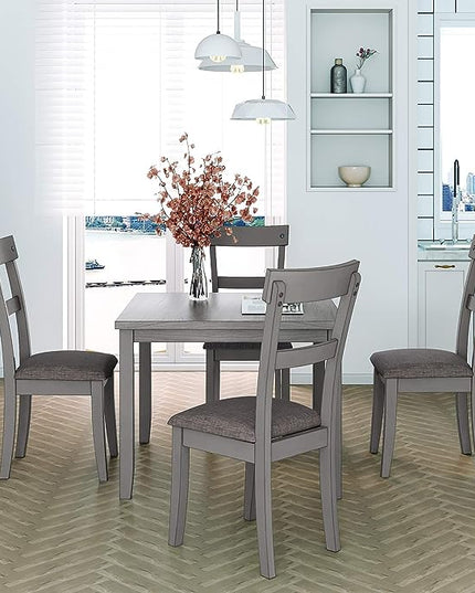 Industrial Wooden 4 Chairs, with High-Density Foam Burlap Upholstered Cushions, Living Room, and Kitchen, Easy to Assemble, Grey, 5 Piece Dining Table Set, Gray 3 - LeafyLoom