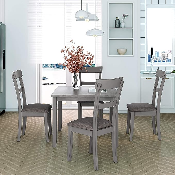 NicBex Small Dining Table Set for 4 Breakfast Nook Table Set 5 Piece Dining Table Set Industrial Wooden Kitchen Table and 4 Chairs for Dining Room, Living Room, Gray - LeafyLoom