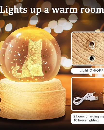 Best for Mom Women Wife Girlfriend Grandma, 3D Cat No.3 Crystal Ball Music Box with LED Night Lamp, Unique Mom Gifts for Birthday Graduation Christmas Valentine's Day Anniversary - LeafyLoom