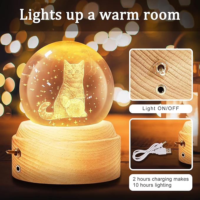 Best for Mom Women Wife Girlfriend Grandma, 3D Cat No.3 Crystal Ball Music Box with LED Night Lamp, Unique Mom Gifts for Birthday Graduation Christmas Valentine's Day Anniversary - LeafyLoom