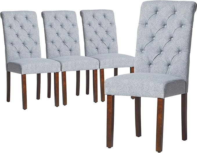 COLAMY Button Tufted Dining Chairs Set of 4, Parsons Upholstered Fabric Dining Room Chairs Kitchen Chairs with Wood Legs and Padded Seat, Blue Fishbone - LeafyLoom