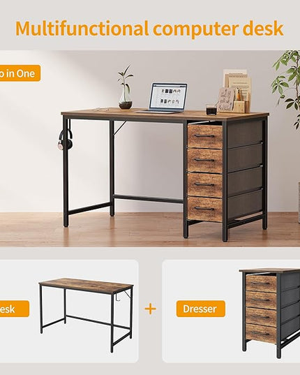 CubiCubi 47 Inch Computer Desk with 4 Drawers, Home Office Small Desk with Storage, Modern Study Writing Desk, Rustic Brown - LeafyLoom