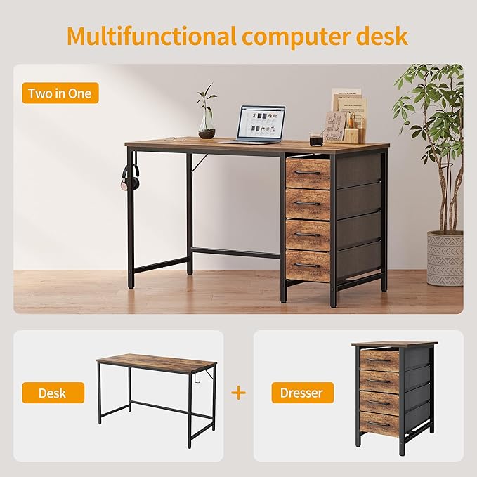 CubiCubi 47 Inch Computer Desk with 4 Drawers, Home Office Small Desk with Storage, Modern Study Writing Desk, Rustic Brown - LeafyLoom