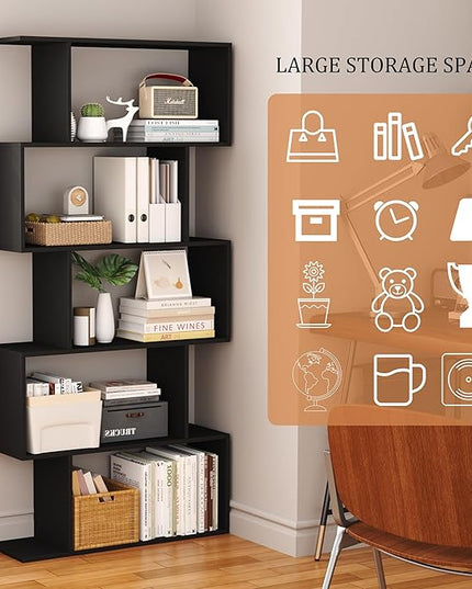 Yusong Bookshelf 5-Tier, Geometric Bookcase S Shaped Book Shelves for Bedroom, Modern Wood Decorative Display Shelf Book Case for Home Office, Black - LeafyLoom