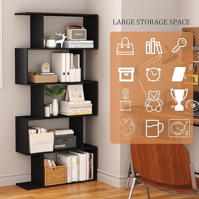 Yusong Bookshelf 5-Tier, Geometric Bookcase S Shaped Book Shelves for Bedroom, Modern Wood Decorative Display Shelf Book Case for Home Office, Black - LeafyLoom