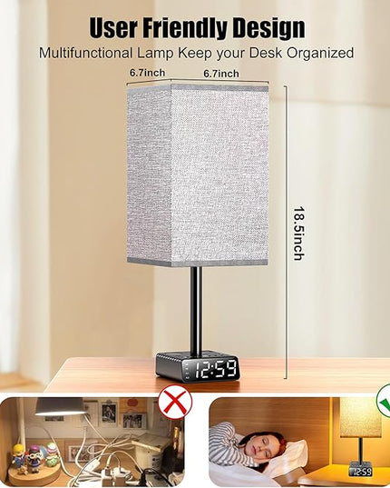 Table Lamp with Alarm Clock Base,Yostyle Bedside Lamp,2 USB & 1 AC Power Outlets, FM Radio & Speaker 6Ft Extension Cord - Square Oatmeal Fabric Lampshade,Touch Control Ideal for Bedrooms Living Rooms - LeafyLoom