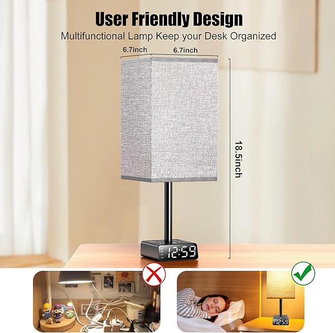 Table Lamp with Alarm Clock Base,Yostyle Bedside Lamp,2 USB & 1 AC Power Outlets, FM Radio & Speaker 6Ft Extension Cord - Square Oatmeal Fabric Lampshade,Touch Control Ideal for Bedrooms Living Rooms - LeafyLoom