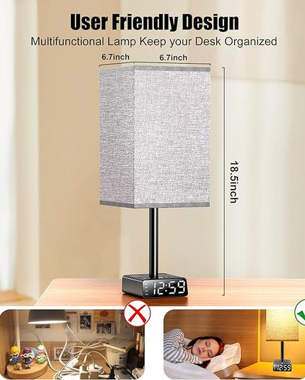 Table Lamp with Alarm Clock Base,Yostyle Bedside Lamp,2 USB & 1 AC Power Outlets, FM Radio & Speaker 6Ft Extension Cord - Square Oatmeal Fabric Lampshade,Touch Control Ideal for Bedrooms Living Rooms - LeafyLoom