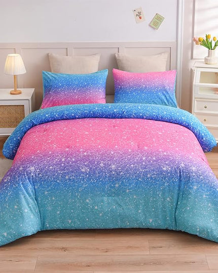 A Nice Night 6Pcs Gradient Glitter Bedding Set for Girls Full Size, Colorful Rainbow Galaxy Comforter Set, Ultra Soft Bedding Sets, Blue - LeafyLoom