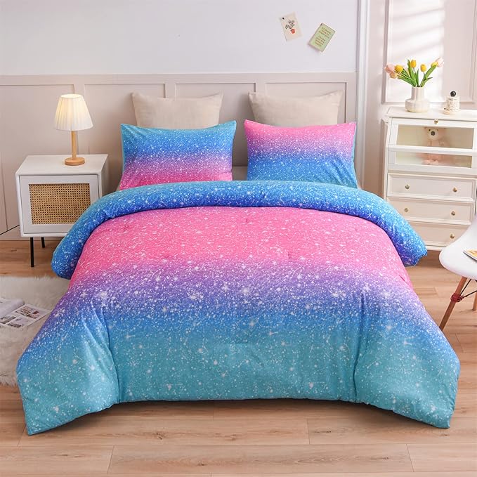 A Nice Night 6Pcs Gradient Glitter Bedding Set for Girls Twin Size, Colorful Rainbow Galaxy Comforter Set, Ultra Soft Bedding Sets, Blue - LeafyLoom