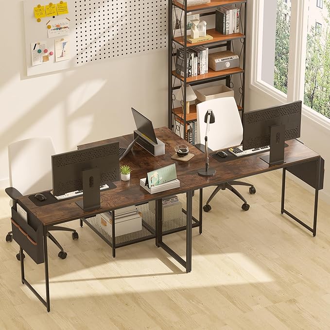 VECELO L Shaped Computer Gaming Corner Desk with Storage Bag and Shelf Home Office Table for Study Writing Room, Small Space Workstation, Easy to Assemble, Brown - LeafyLoom