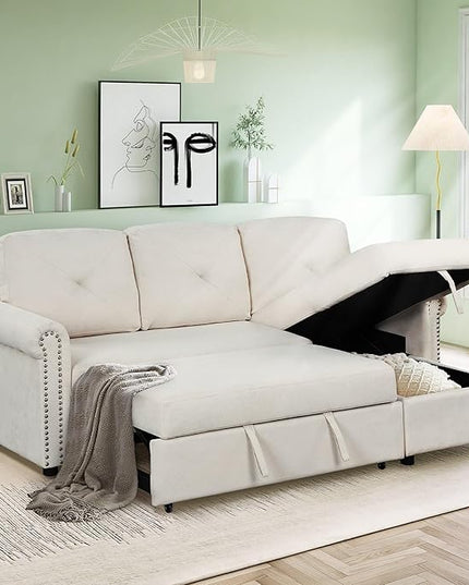 83'' L-Shape Convertible Sleeper Sectional Sofa with Storage Chaise and Pull-Out Bed, Velvet Upholstered Reversible Corner Couch w/Tufted Cushions, for Living Room, Apartment - LeafyLoom