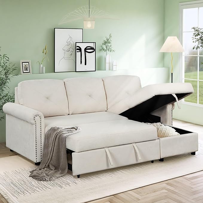 83'' L-Shape Convertible Sleeper Sectional Sofa with Storage Chaise and Pull-Out Bed, Velvet Upholstered Reversible Corner Couch w/Tufted Cushions, for Living Room, Apartment - LeafyLoom