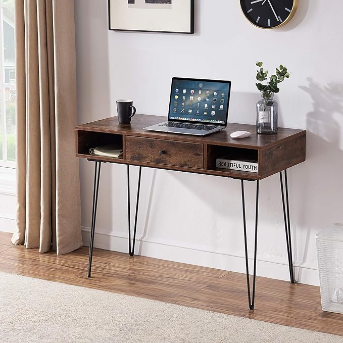 VECELO 39.3" Home Office Work Table with Drawers Computer Desk Writing/Study, 39 Inch Hairpin Legs, Retro Brown - LeafyLoom