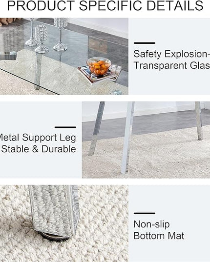 NicBex 63Inch Rectangular Dining Table,Minimalist Kitchen Table with Tempered Glass Tabletop and Silver Metal Legs for 6 to 8,Large Dining Room Table for Kitchen,Dining Living Room,Silver+Transparent - LeafyLoom