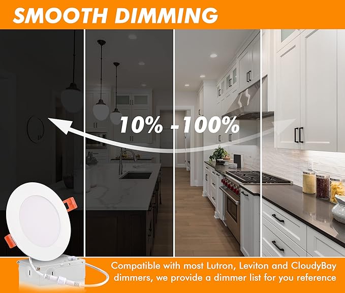 CLOUDY BAY 6 Pack 4 Inch 5CCT Ultra-Thin LED Recessed Ceiling Light with Junction Box,2700K/3000K/3500K/4000K/5000K Selectable,10W Dimmable Canless Wafer Downlight,White,650LM High Brightness CLOUDYBAY