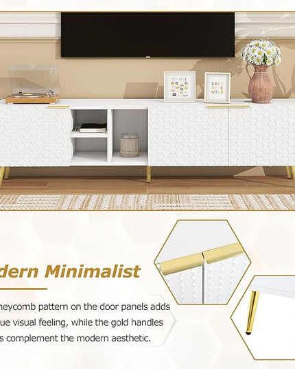 Merax Modern Minimalist Geometric TV Stand with Metal Handles and Gold Legs for Televisions Up to 80'' Multi-Functional Storage Cabinet, Entertainment Center for Living Room, 70.80" Length, White - LeafyLoom