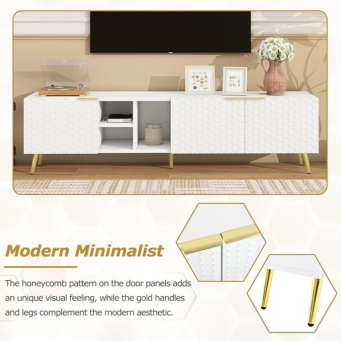 Merax Modern Minimalist Geometric TV Stand with Metal Handles and Gold Legs for Televisions Up to 80'' Multi-Functional Storage Cabinet, Entertainment Center for Living Room, 70.80" Length, White - LeafyLoom