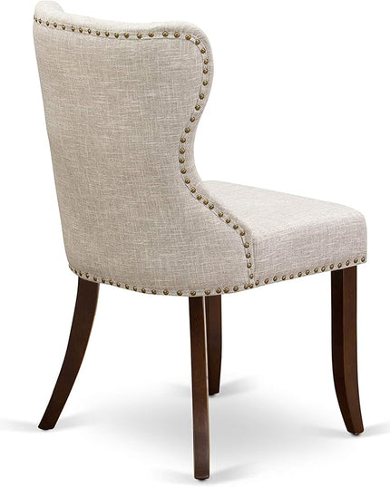 East West Furniture DMSI5-MAH-35 5 Piece Dinette Set for 4 Includes a Round Dining Room Table with Dropleaf and 4 Doeskin Linen Fabric Upholstered Parson Chairs, 42x42 Inch, Mahogany - LeafyLoom