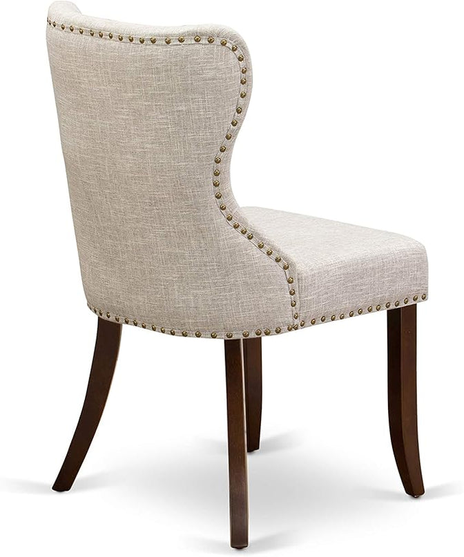 East West Furniture AMSI3-MAH-35 Antique 3 Piece Room Set Contains a Round Kitchen Table with Pedestal and 2 Doeskin Linen Fabric Parson Dining Chairs, 36x36 Inch - LeafyLoom