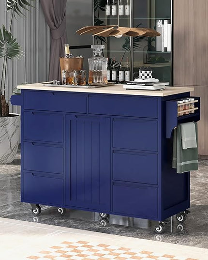 Mobile Cart with Rubber Wood Countertop, Kitchen Island on Lockable Wheels w/Drawer and Storage Cabinet for Dining Room, Bar, Dark Blue, 53.15 Inch - LeafyLoom