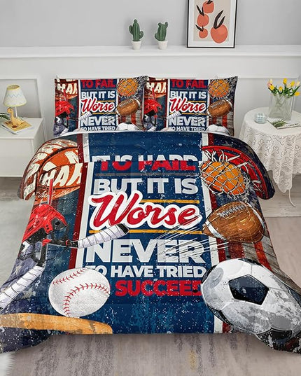 Axolotl Sports Comforter Set Full Size,Sports Theme Comforter Set Football Baseball Bedding Set,Sports Bedding Set 3D Soccer Comforter Set Basketball Bedding for Kids Boys Teens,1 Quilt 2 Pillowcases - LeafyLoom