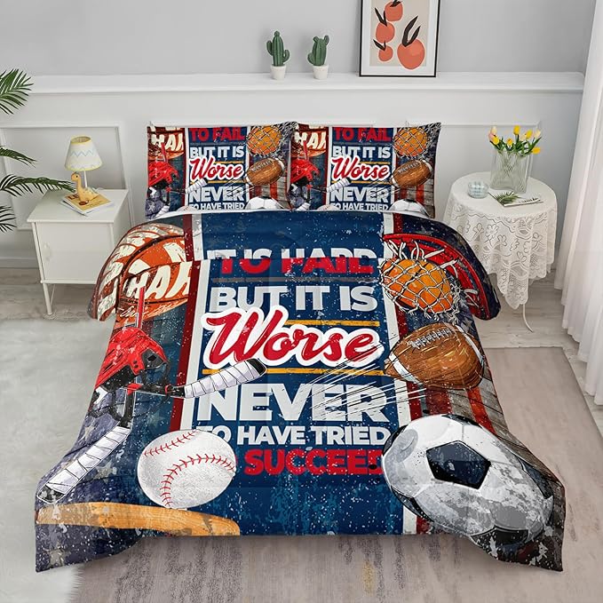 Axolotl Sports Comforter Set Full Size,Sports Theme Comforter Set Football Baseball Bedding Set,Sports Bedding Set 3D Soccer Comforter Set Basketball Bedding for Kids Boys Teens,1 Quilt 2 Pillowcases - LeafyLoom