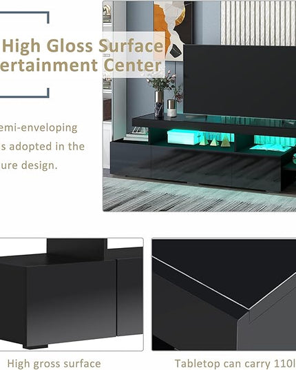 Merax Modern Style 16-Colored LED Lights TV Cabinet, UV High Gloss Surface Entertainment Center with DVD Shelf, Up to 70 inch Television, 73.2 inch Length, Black - LeafyLoom