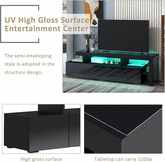 Merax Modern Style 16-Colored LED Lights TV Cabinet, UV High Gloss Surface Entertainment Center with DVD Shelf, Up to 70 inch Television, 73.2 inch Length, Black - LeafyLoom