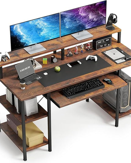 VERMESS Computer Desk, 48 Inch Home Office Desk, Gaming Desk with Keyboard Tray, Full Monitor Stand, Storage Shelves, CPU Stand Shelf, 47" Study Table Wide Writing Desk for 2 Monitors, Rustic Brown - LeafyLoom