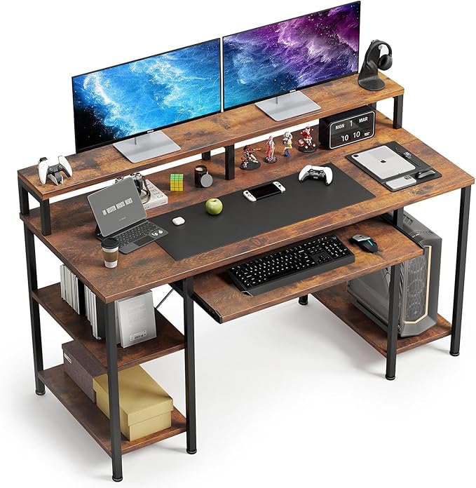 VERMESS Computer Desk, 48 Inch Home Office Desk, Gaming Desk with Keyboard Tray, Full Monitor Stand, Storage Shelves, CPU Stand Shelf, 47" Study Table Wide Writing Desk for 2 Monitors, Rustic Brown - LeafyLoom