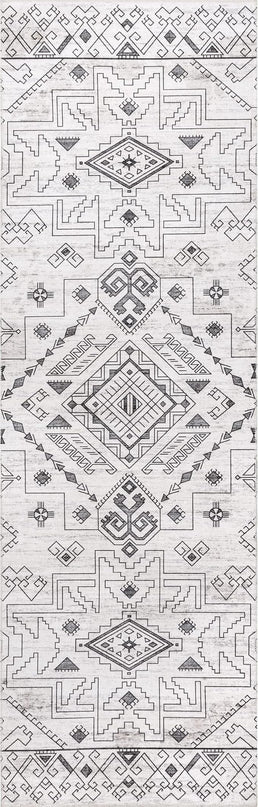nuLOOM Malena Tribal Bordered Machine Washable Ultra Thin Runner Rug, 2' 6" x 8', Light Grey - LeafyLoom