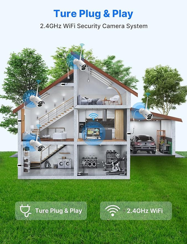 [10CH Expandable] Hiseeu Wireless Security Camera System with 10in LCD 4K Monitor, 4Pcs 5MP Outdoor Indoor Cameras with One-Way Audio, Waterproof, Motion Detect, 1TB HDD/Cloud Storage, Work with Alexa Hiseeu