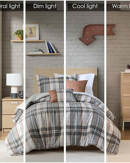 Intelligent Design Twin Comforter Set Plaid Classic Cabin Lodge Comforter Twin Size, Modern Casual, Lightweight All Season Bedding Set Twin, Sham, Décor Pillows, Blake, Twin/Twin XL, Tan/Gray 4 Piece - LeafyLoom