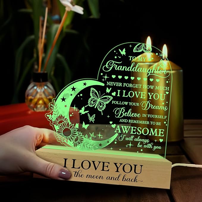 ARTSYWIX Granddaughter 3D Illusion Lamp with Wooden Base USB Powered Acrylic Night Light, to my Granddaughter Gift from Grandma & Grandpa, Girls Kids Lamp Present, Birthday Gifts Graduation Keepsake - LeafyLoom