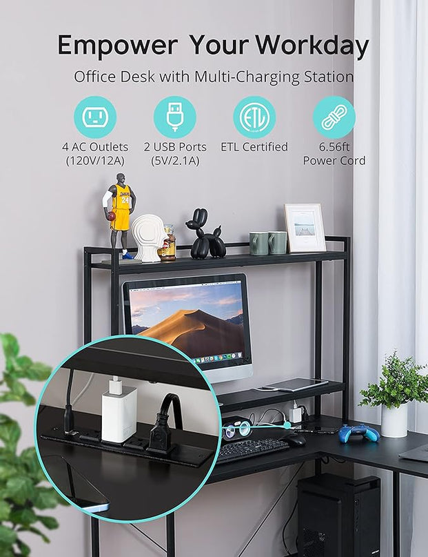 Evajoy L Shaped Computer Desk with Power Outlets and USB Ports, Reversible L-Shaped Corner Gaming Desk with Storage Shelves, 94.5’’ Industrial 2 Person Home Office Desk with Monitor Stand for Home - LeafyLoom