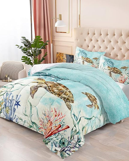 CVHOUSE Sea Turtle Comforter Set,Ocean Watercolor Sea Turtle Bedding Set for Kids Teens,Ocean Sea Turtle Comforter Sea Turtle Duvet Set Room Decor Quilt Set Twin Size - LeafyLoom
