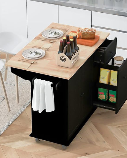 Kitchen Island with Drop Leaf,53.9" W Rolling Mobile Kitchen Cart W/Storage Rack,3 Tier Pull Out Cabinet Organizer,Spice-Rack&Towel-Rack,for Dining Room,Home Bar,Black - LeafyLoom