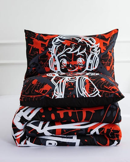 Btargot Colorful Camouflage Graffiti Style Comforter Set, 3 Piece Headphone Hip Hop Boy Line Pattern Bedding Set for Kids Boys Grils Teen, Twin Red - LeafyLoom