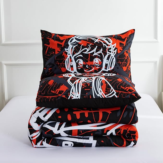 Btargot Colorful Camouflage Graffiti Style Comforter Set, 3 Piece Headphone Hip Hop Boy Line Pattern Bedding Set for Kids Boys Grils Teen, Twin Red - LeafyLoom