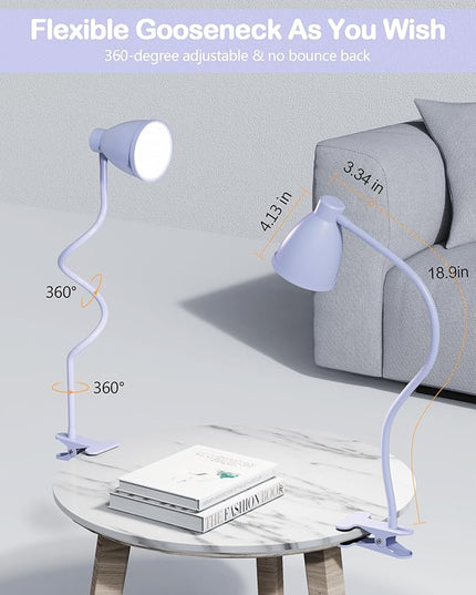 BOHON Desk Lamp with Clamp, 10W 38 LED Clip on Light, 3 Color 10 Brightness Auto Off Timer, Flexible Gooseneck Clip Lamp, Desk Lights for Office Home Bed Bedside Reading, Lilac Purple - LeafyLoom