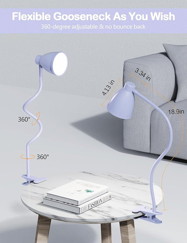 BOHON Desk Lamp with Clamp, 10W 38 LED Clip on Light, 3 Color 10 Brightness Auto Off Timer, Flexible Gooseneck Clip Lamp, Desk Lights for Office Home Bed Bedside Reading, Lilac Purple - LeafyLoom