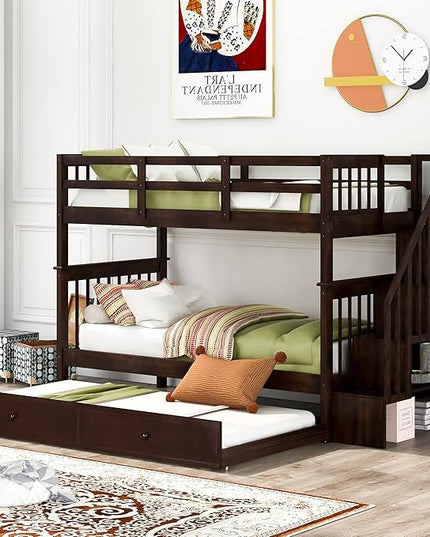 Bunk Bed with Stairs Storage, Twin Over Twin Size, Wooden Stairway Bunkbeds w/Trundle, for Kids Teens Bedroom, Detachable into Two Bedframe, Espresso - LeafyLoom