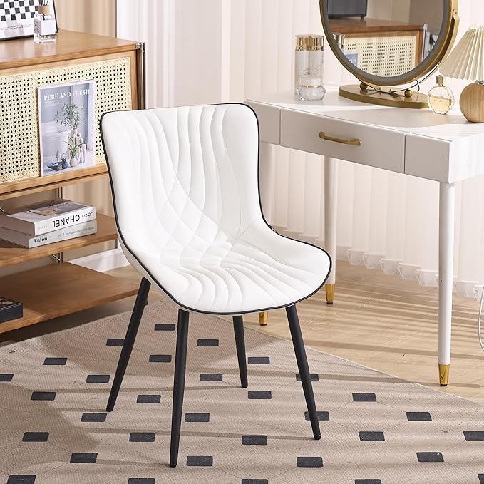 YOUTASTE White Dining Chairs Set of 2 Upholstered Mid Century Modern Kitchen Dining Room Chairs Armless Faux Leather Accent Chairs Metal Vanity Lounge Chair with Back for Living Room Bedrooms - LeafyLoom