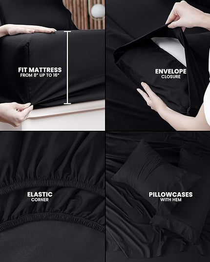 Utopia Bedding Queen Bed Sheets Set - 4 Piece Bedding - Brushed Microfiber - Shrinkage and Fade Resistant - Easy Care (Queen, Black) - LeafyLoom