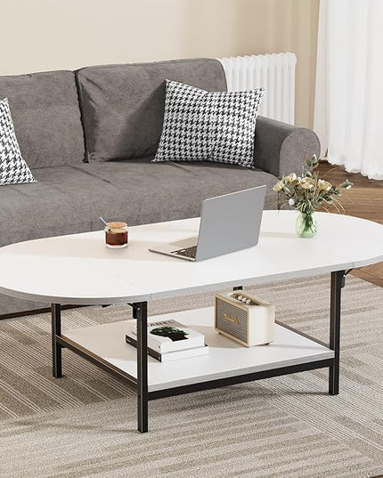 SAYGOER White Coffee Table Modern Extended Coffee Tables with Storage for Living Room 2-Tier Unique Center Table with Two Foldable Panel for Any Large or Small Space, White - LeafyLoom