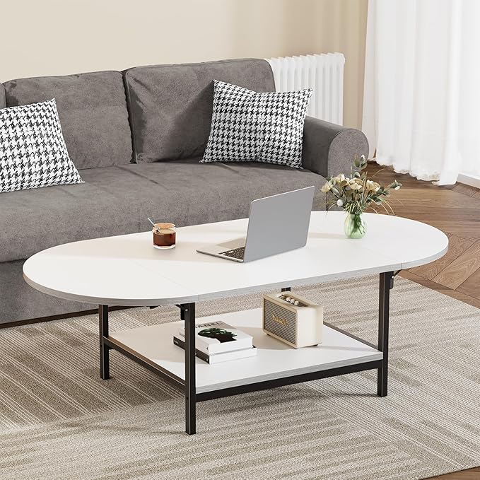 SAYGOER White Coffee Table Modern Extended Coffee Tables with Storage for Living Room 2-Tier Unique Center Table with Two Foldable Panel for Any Large or Small Space, White - LeafyLoom