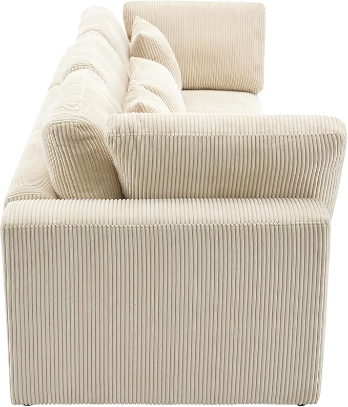Morden Soft Corduroy Upholstered 3 Seater Sofa Couch with Removable Back Cushions and 5 Pillows for Living Room, Apartment, Office, 105", Beige-403 - LeafyLoom
