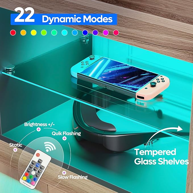 Bestier 55 Inch TV Stand with LED light, Adjustable Glass Shelves, 22 Dynamic RGB Colors, P2 Particle Board, for Entertainment Center, Living Room, Gaming Room, and Bedroom, Pinewood - LeafyLoom